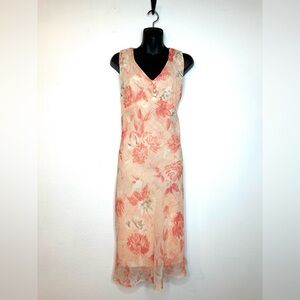 VTG Y2K FL&P Women's Midi Dress 16 Peach Floral Empire Waist Soft Girl Dainty
